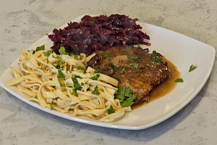 Schnitzel, Spaetzle and Red Cabbage